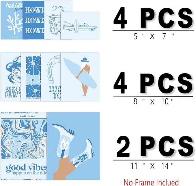 Aroutde 10Pcs Coastal Cowgirl Canvas Wall Art Print Light Blue Beachy Surfer Girl Posters Preppy Aesthetic Granddaughter Room Decor for Teen Girl Bedroom Dorm Apartment Decoration (Unframed)