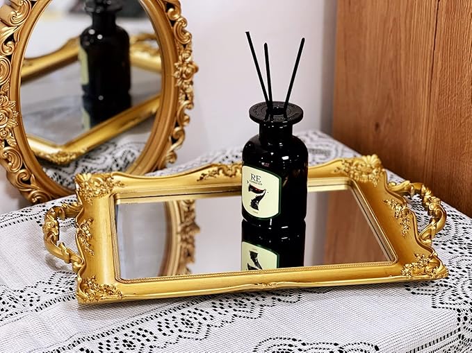 Rectangle Vintage Decorative Mirror Tray, Jewelry Cosmetics Makeup Storage Dresser Organizer Tray, Serving Tray (Golden - Rectangle)