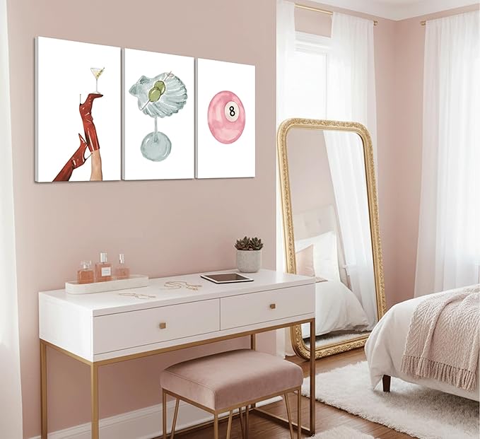 3Pcs Funky Martini Canvas Prints Wall Art, Trendy Preppy Pink Number 8-Ball Pictures Posters,Y2k Girl's Room Wall Decor for girl rooms, dorm rooms, and apartments. 24x16in Framed