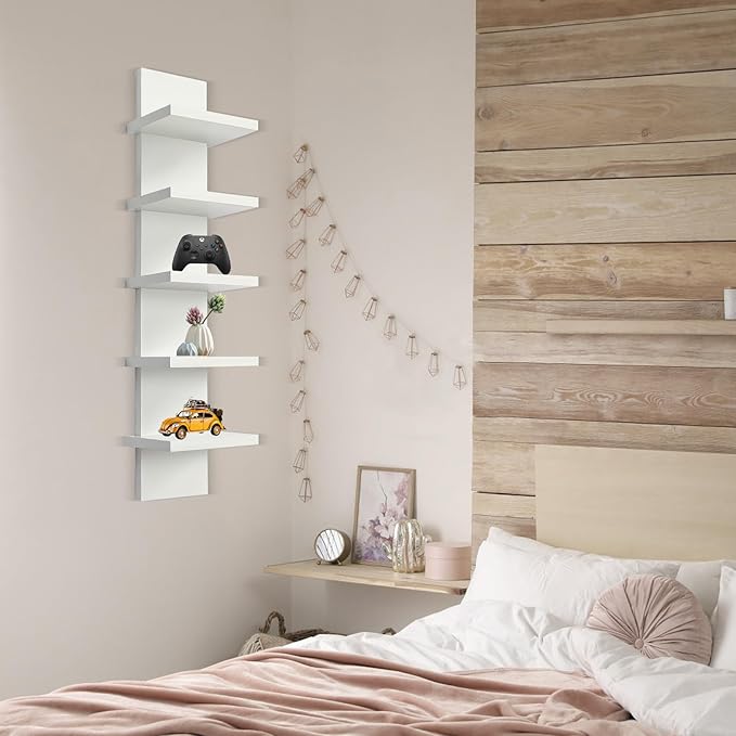 5 Tier Wall Shelf Unit - Narrow Smooth Laminate Finish - Vertical Column Wall Decor Mount Floating Storage Home Decor Organizer Tall Tower Utility Shelf for Bedrooms, Living Rooms(White)