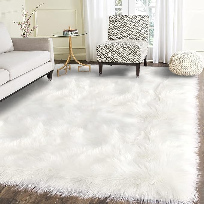 Latepis White Faux Fur 4'x5'10" Area Rug, Soft Plush Faux Fur Sheepskin Rugs for Living Room, Washable Fluffy Fuzzy Rug for Bedroom and Living Room, Luxury Room Decor, Rectangle