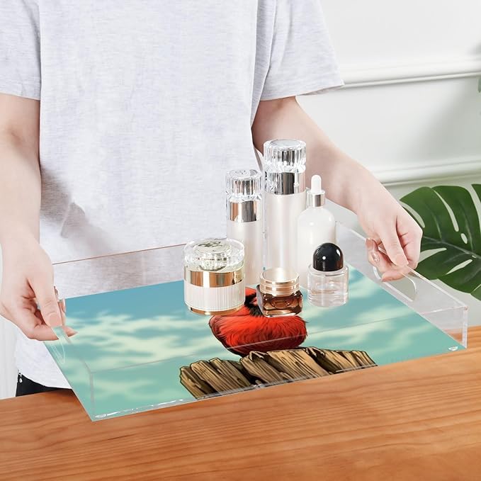 Qilmy Red Bird Acrylic Serving Tray with Handles 15.7 x 11.8 Inch, Clear Reusable Decorative Tray, Multi-Purpose Spill Proof Table Tray for Party, Coffee, Bathroom, Kitchen, Office