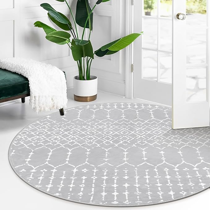 Lahome Moroccan Washable Round Rug 4Ft Round Area Rugs for Bedroom Non-Slip Grey Stain Resistant Round Kitchen Rug, Modern Geometric Print Indoor Floor Circle Carpet for Entryway Living Room Sofa Hana