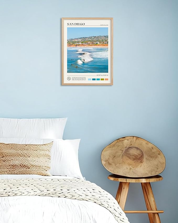 HesenDot Natural OAK Wood San Diego Surfing Framed Wall Art,12x16in Natural Seascape Canvas Wall Print,Classic Urban Landmark Wall Decor for Living Room,Bedroom,Office Gallery Gifts Set of 1