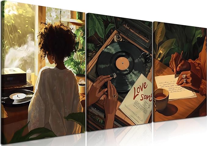 Black Woman Wall Art Set of 3 Fashion Black Girl Wall Decor, Trendy African American Women Music Poster Song Lover Canvas Prints Artwork for Bedroom Living Room 12x16 inch Framed