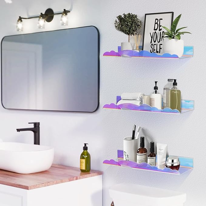 Iridescent Rainbow Acrylic Floating Shelves,15in Kids Wall Mounted Nursery Bookshelves, Display Ledge for Books Toys Cosmetic, Bathroom Bedroom Living Room Wall Decor and Storage, 4 Pack