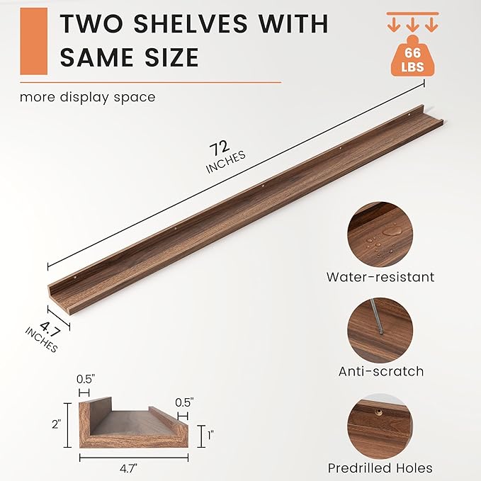 FLYJOE Picture Ledge Shelf, Floating Shelves Set of 2, 72 Inches Long Large Nursery Book Shelves for Toys Storage, Kids Bookshelf Wall Mounted for Living Room Bedroom Decor Books Photo Frames, Walnut