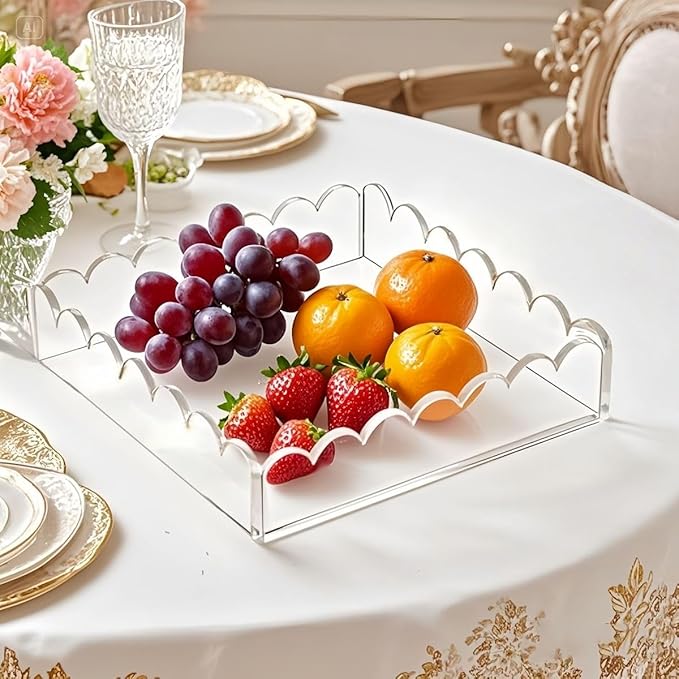 Scalloped Acrylic Tray with Magnetic Mat - 8x8in Clear Display & Organizer Tray, Art & Notes | Non-Slip Base | Elegant Décor & Organizer for Jewelry/Cosmetics，Modern Desk Décor Gift