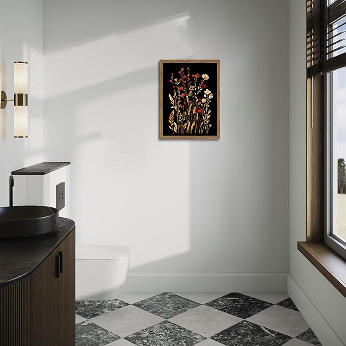 Framed Bathroom Wall Art, Dark Botanical Floral Canvas Wall Decor, Rustic Flower Prints Paintings, Vintage Wildflower Artwork Picture for Bathroom Bedroom Living Room 12x16 Inch