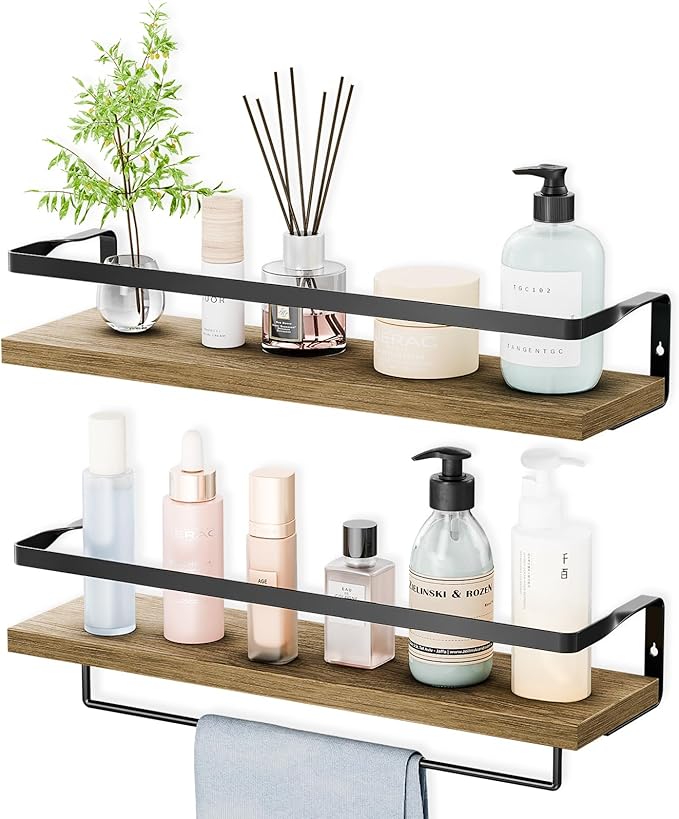 Bathroom Shelves with Towel Bar,Floating Shelves for Bathroom, Kitchen, Bedroom, Paulownia Wood, Matte Black Metal Frame - Set of 2 (Light Brown)