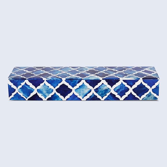Handicrafts Home Decorative Storage Box with Lid, Moroccan Remote Control Holder Box, Slim Coffee Table Storage Organizer, Bone Inlay Resin Wooden Desk Shelf Storage Box, Blue, 10 x 2.5 x 1.5