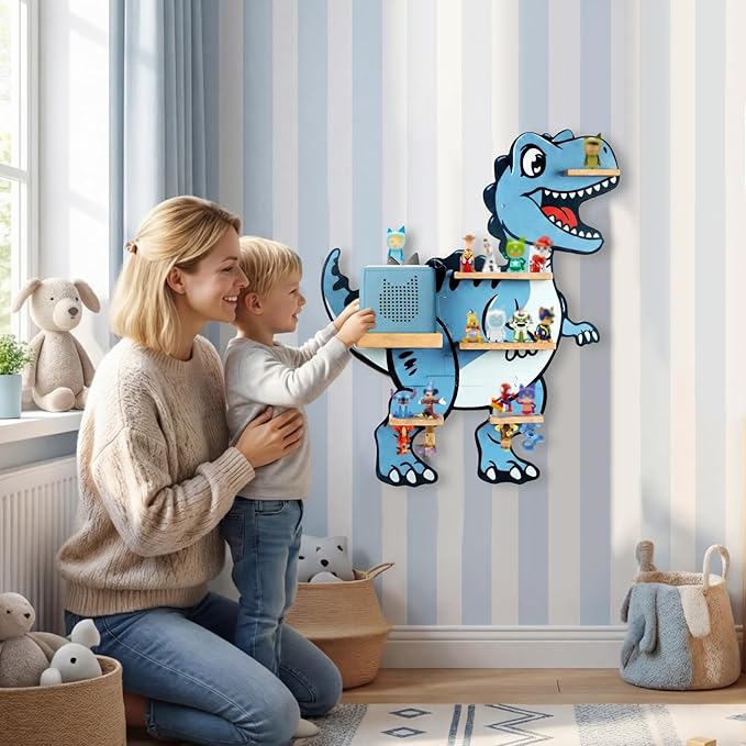 Tonie Shelf for Tonies Box 2/1 - Tonies Storage Shelf for Toniebox, Magnetic Dinosaur Wooden Floating Shelf for 30 Tonie Characters, Wall Mounted Shelf for Boys and Girls, Velociraptor