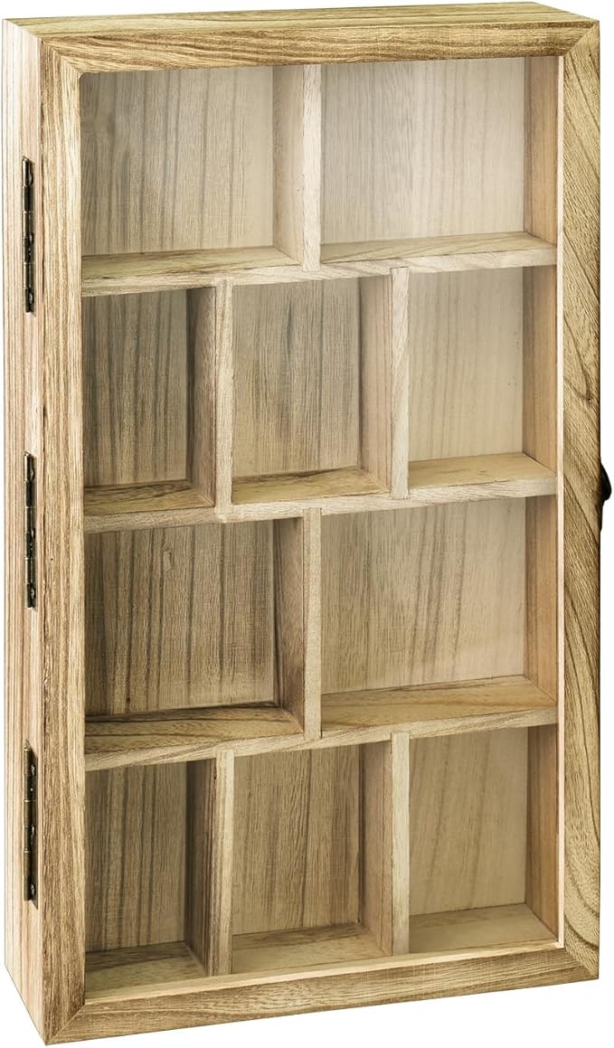 Ikee Design Wooden Collection Display Case with Hinged and Clear Tempered Glass Top, Wall Mounted 10 Slots Wood Display Storage Box for Mini Figures, Collections, Essential Oils, Oak Color