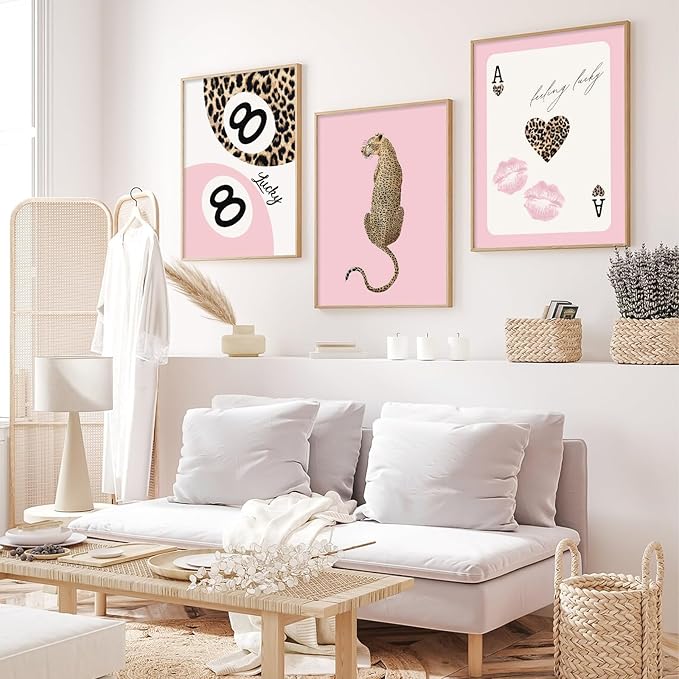 Lhoiplme Cheetah Trendy Wall Art Preppy Leopard Canvas Print Cheetah Room Wall Decor 8 Ball Poster Y2k Pink Coquette Luxury Print Lucky Aesthetic Fashion Pictures for Bedroom 16x24x3 Inch Unframed