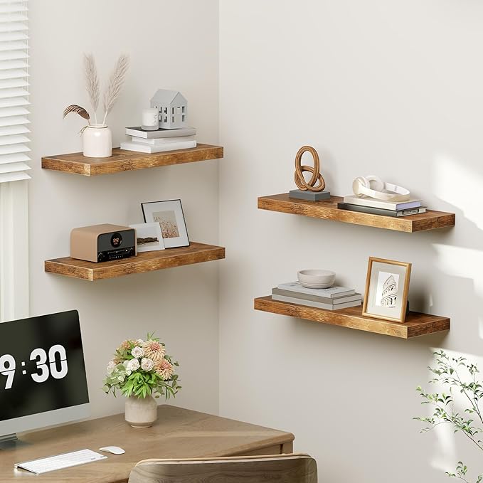 RALGEND Floating Shelves for Wall, 23.6“ Long Wall Shelf Set of 4 with Invisible Brackets, 1.5" Thick Hanging Shelves Farmhouse Home Decor for Bathroom, Living Room, Bedroom, Rustic Brown 6301BJP4BF