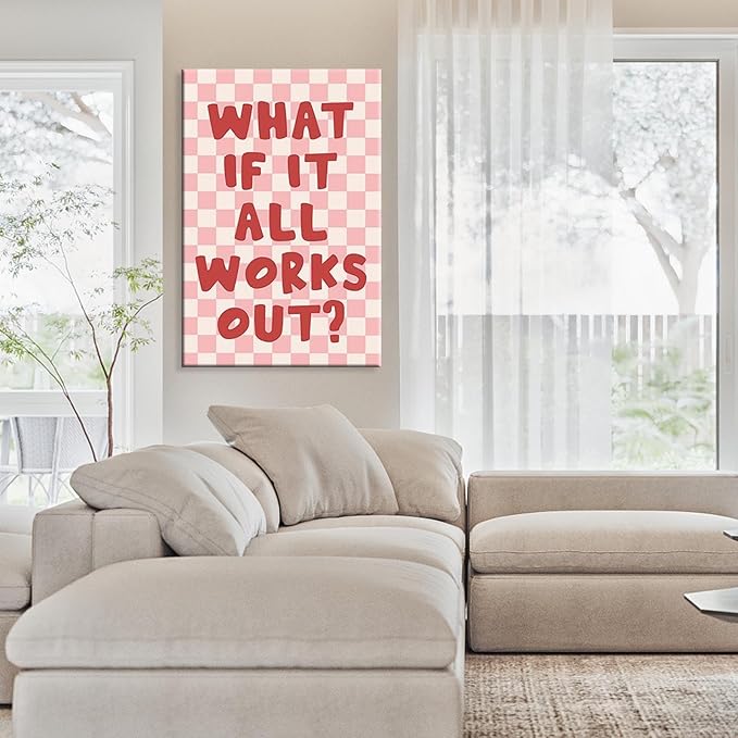 What If It All Works Out Wall Art Daily Positive Affirming Quote Posters Minimalist Pink And White Checkered Room Aesthetic Paintings For Home Bedroom Dorm Wall Decor 24x36in Unframed
