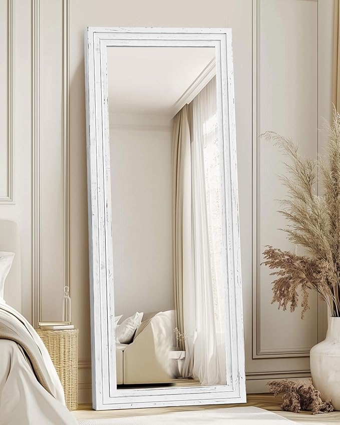 Full Length Mirror 65"x22" with Stand Solid Wood Frame Floor Large Mirror for Living Room, Bedroom Hanging Standing or Leaning Wall-Mounted, White