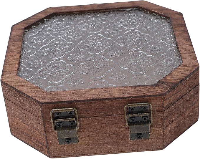TOPINCN Vintage Floral Wooden Makeup Organizer Box, Elegant Paulownia Wood and Glass Jewelry Storage with Pattern, for Cosmetics Jewelry Trinkets