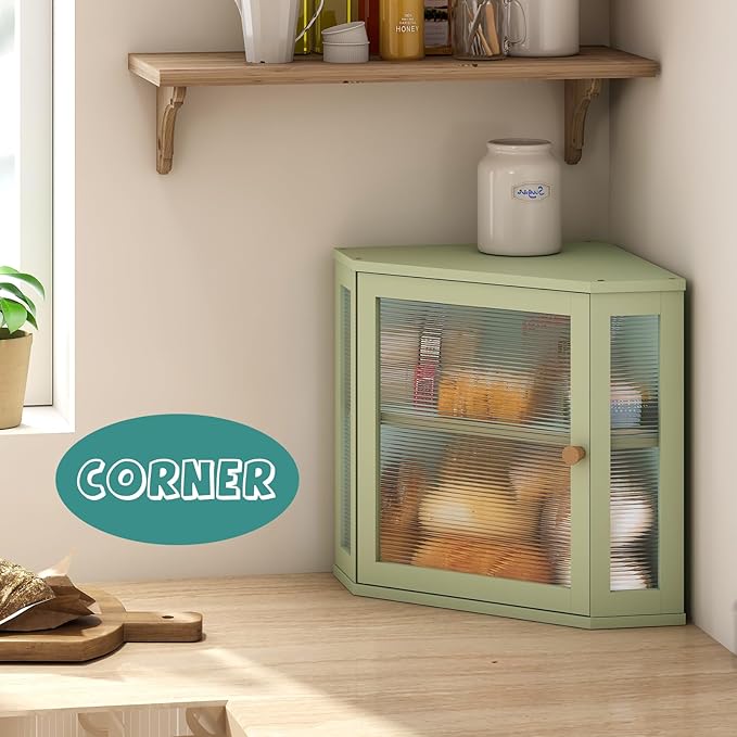 viewcare Corner Bread Box for Kitchen Countertop, Bamboo Wood Large Capacity Bread Storage Bin with Acrylic Wavy Door Panel, Green