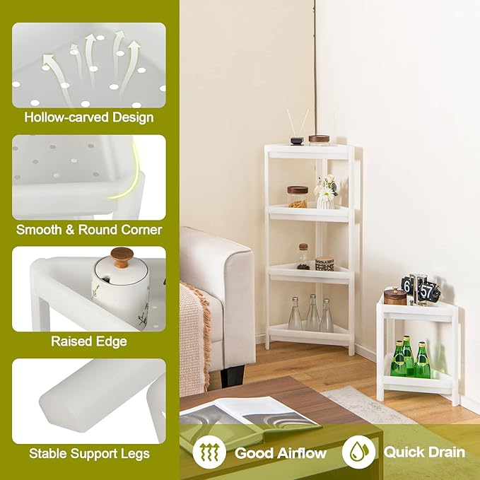 Giantex 2 Pack Corner Shelf Stand, 3-Tier Detachable Floor Shower Shelf, Bathroom Corner Stand w/Drainage Holes, Counter Storage Shelf, Triangle Organizer Rack for Kitchen, Living Room, White