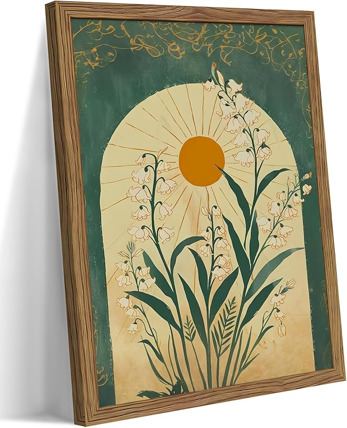 Framed Boho Wall Art, Lily of the Valley Emerald Green Sun Canvas, Mystical Country Botanical Wall Decor, Spiritual Flowers Poster Pictures Print for Bedroom Living Room – 12x16 inch