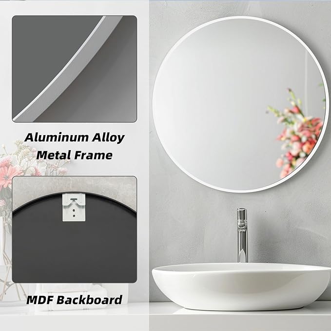 White Round Mirror, 24 Inch White Circle Mirror, Metal Frame Round Wall Mounted Mirrors for Bathroom, Living Room, Bedroom, Entryway, Vanity