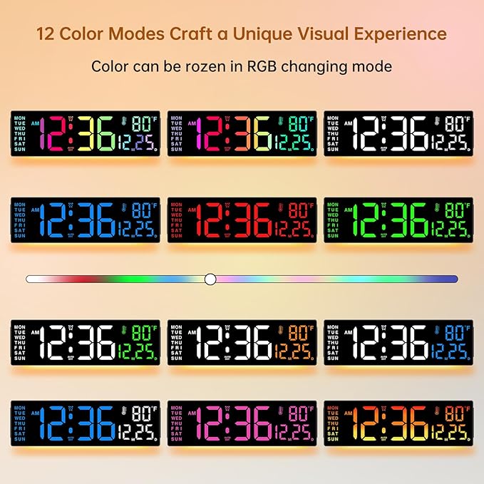Soobest 14.2" Large Digital Wall Clock, Bluetooth Auto Time/Date/Day Sync, LED Large Display, Gym Countdown Timer & Temperature for Classroom, Living Room, Home, 12 Colors