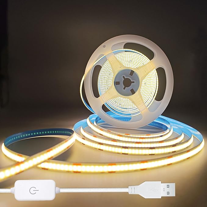 ZSLAIFU A 5V USB LED Light Strip, COB LED Strip Lights, Warm 5V LED Lights, Small LED Strip Light, TV Lights for TV Under Cabinet Kitchen Living Room Shelving or Displays (Warm 6.56ft)