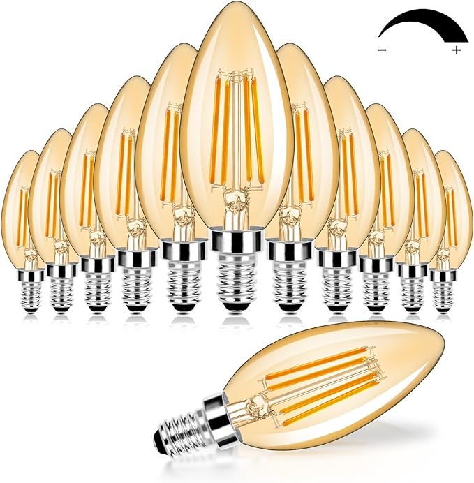 12-Pack Dimmable E12 LED Candelabra Bulbs 60W Equivalent, 2200K Soft Warm White, 600 Lumens B11 Candle Base 6W C35 LED Filament Vintage Light Bulbs, Amber Glass for Chandelier Ceiling Fan High CRI 90+