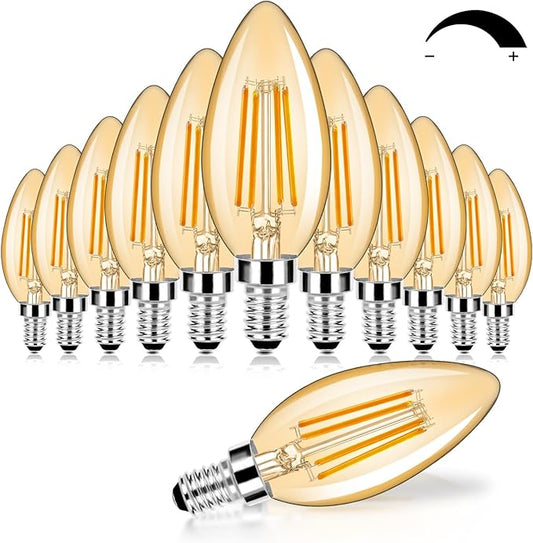 12-Pack Dimmable E12 LED Candelabra Bulbs 60W Equivalent, 2200K Soft Warm White, 600 Lumens B11 Candle Base 6W C35 LED Filament Vintage Light Bulbs, Amber Glass for Chandelier Ceiling Fan High CRI 90+