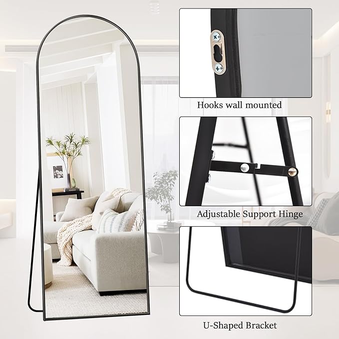 Rowjut Floor Mirror Arched Full Length Mirrors, Mirror Full Length Standing Hanging or Leaning Against Wall, 59"x18" Large Full Body and Wall Mounted Mirror for Bedroom Living Room, Black