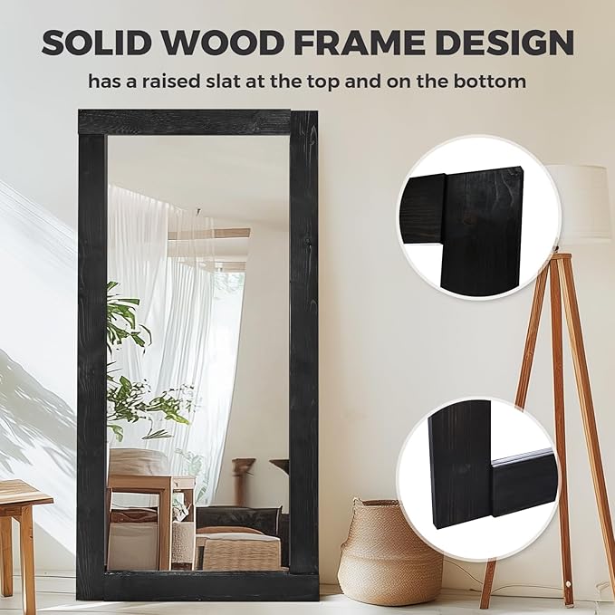 Full Length Mirror 71"x32" – Solid Wood Frame, HD Tempered Glass, Wall Mounted & Leaning, Rustic Modern Decor for Bedroom, Living Room, Entryway, Black