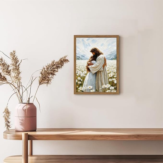 Framed 3D Textured Jesus Embracing Woman Wall Art, Jesus Hugging Woman Wall Decor Hand Drawn Sandstone Religious Christian Bible Painting Pictures for Bedroom Living Prayer Room 12x16 in Wood Framed