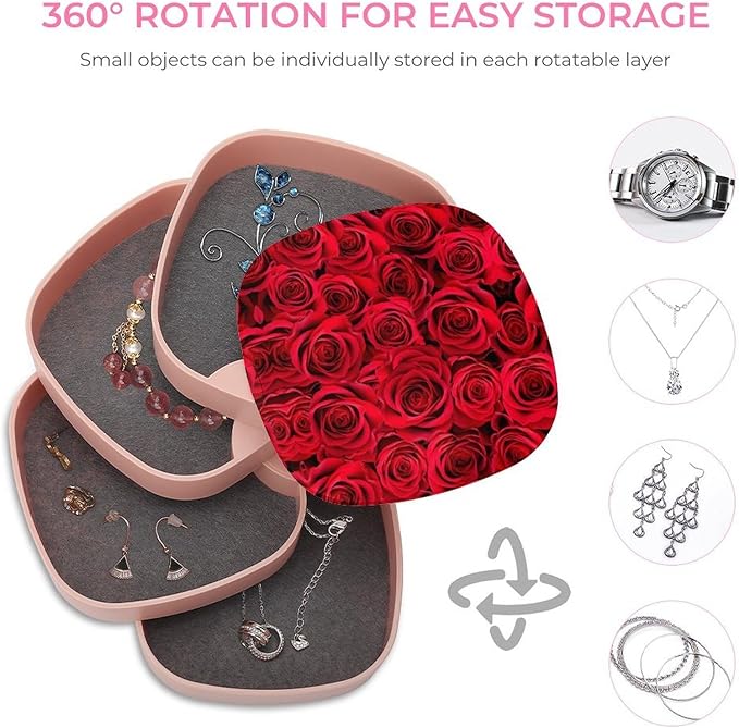 Valentineheader4-Layer Rotating Jewelry Organizer Box, 360° Rotatable ABS Storage for Rings, Earrings, Necklaces, Watches, Makeup Tools with Mirror, Compact & Portable Gift for Women