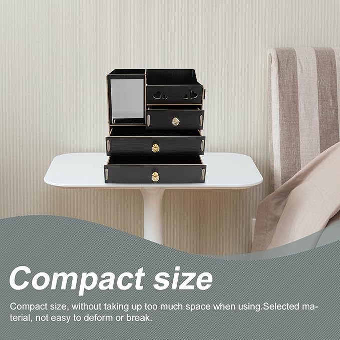Cabilock Wooden Desk Cosmetic Organizer Rustic Makeup Storage Box with Drawer Mirror Countertop Makeup Case for Stationery Office Bathroom Dressing Table Black