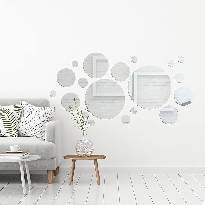 Shappy 32 Pcs Acrylic Mirror Wall Stickers Removable Round Wall Decal Circle Mirror Tiles for Home Bathroom Living Room Bedroom TV Background Decor(Silver,Medium Size)
