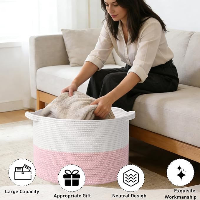 65L Large Pink Woven Cotton Rope Basket with Handles, Kids Nursery Laundry Hamper for Toys, Blankets, Pillows & Comforters, Cute Storage Bin for Bedroom & Playroom