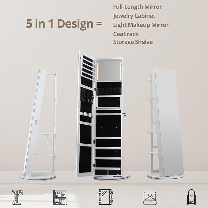 IRONCK 360° Swivel Mirrored Jewelry Cabinet with Full-Length Mirror, Charging Station, Lockable Standing Jewelry Organizer with Rear Storage Shelves, Interior Mirror, LED Lights, White