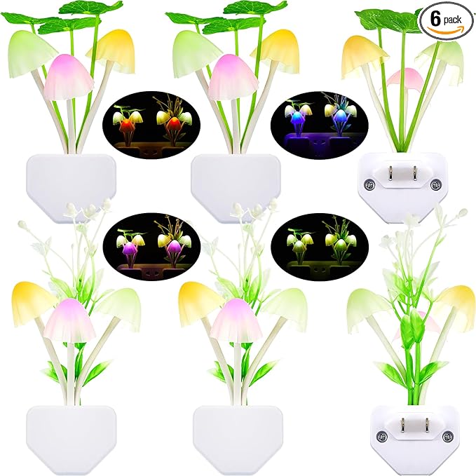 Mudder 6 Pack Mushroom Night Light LED Night Light Plug in Lamp 7 Color Changing Magic Cute Shaped Lamp Wall Decor for Adults Bathroom Home(Water Plants, Lotus Leaves)