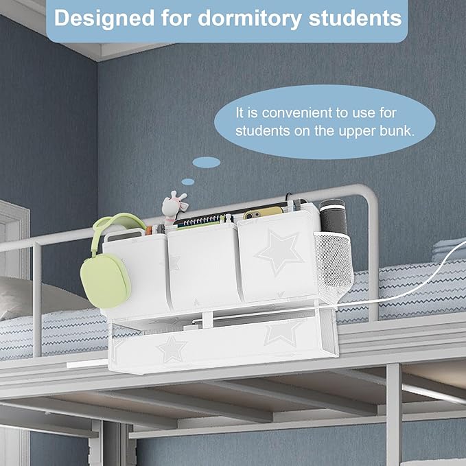 homyfort Bedside Caddy Organizer, Dual-Purpose Bedside Storage with Power Strip Holder, Versatile Bed Caddy with 11 Pockets for Bunk Bed, College Dorm, Home, Hospital, Fits Phones, Books, White