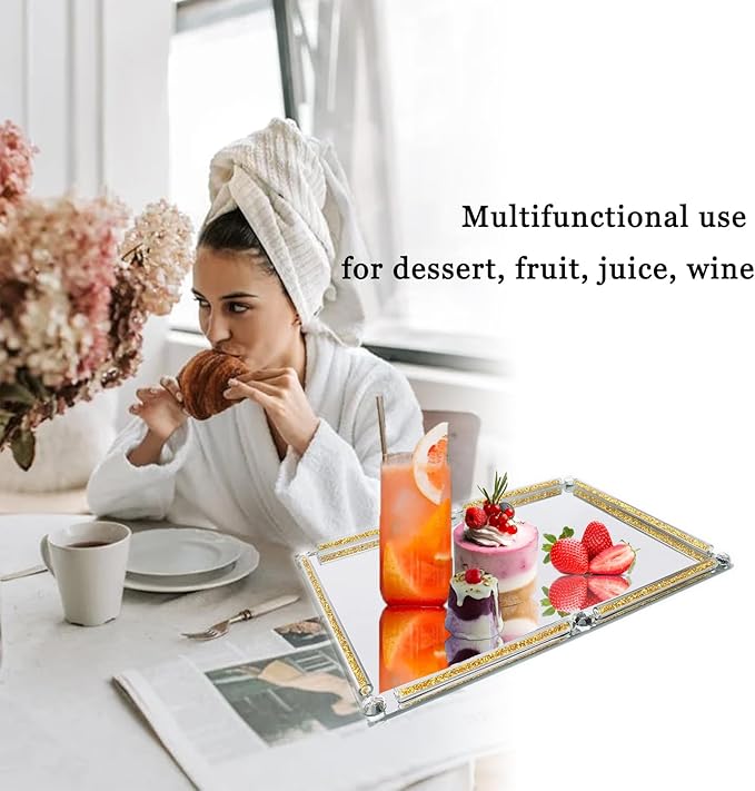 Gold Glass Tray, 11.8" x 7.9" Decorative Crystal Glass Cosmetic Perfume Display Tray for Gorgeous Dresser Countertop,Noble Jewelry Organizer with Diamond for Home Decor,Banquet Party