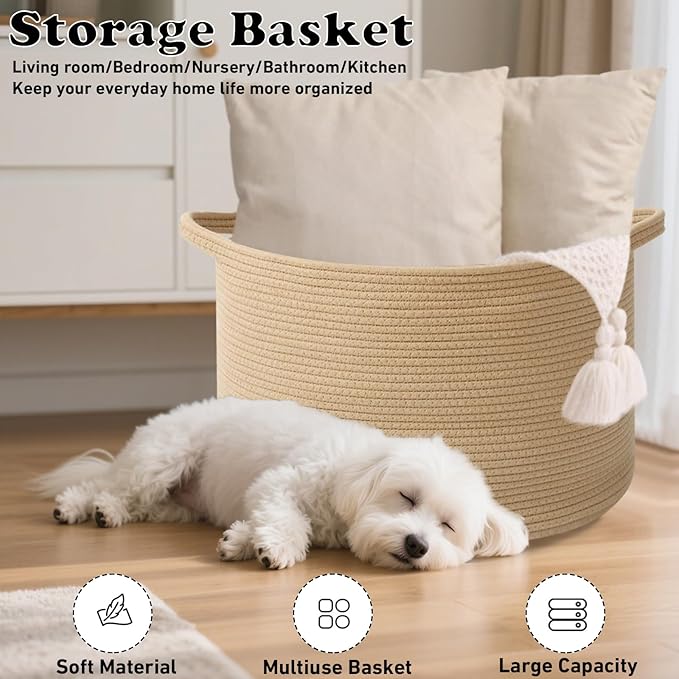 115L Extra Large Blanket Basket,Woven Rope Laundry Basket Hamper with Handles, Decorative Nursery Basket Storage Bin for Toys, Clothes Organizer, Living Room, Bedroom, Bathroom, Camel