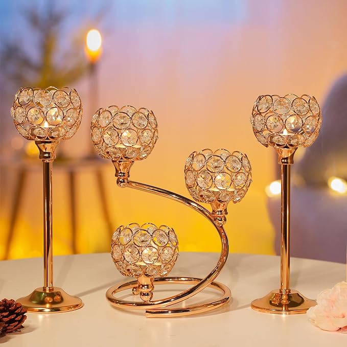 Gold Metal Crystal Candle Holder Set of 3 - Elegant 5-Arm Metal Tea Light Centerpiece with Shining Crystal Bowl, Wedding Anniversary Table Decor for Dining, Party