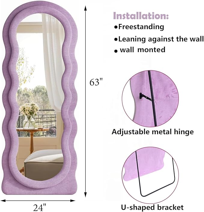 Dewfig Wavy Full Length Mirror with Stand, 63" x 24" Irregular Floor Mirror, Large Floor Length Mirror, Freestanding/Leaning/Wall Mounted, Flannel Wrapped Wooden Frame for Bedroom/Living Room, Purple