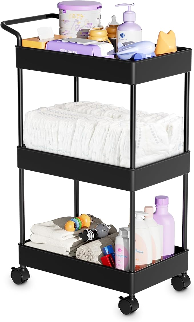 Volnamal Diaper Caddy - Plastic Diaper Organizer for Nursery Essentials, Baby Organizers and Storage, Movable Cart for Changing Table & Crib, Baby Registry Search, Black