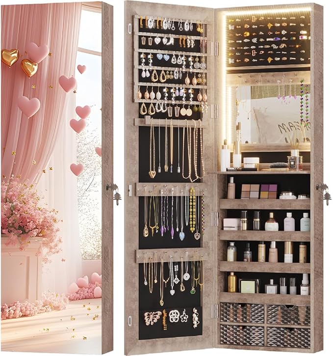 Vlsrka 47.2 Inch Full Length Mirror with Storage, Wall Mount Mirror Jewelry Cabinet, Over The Door Hanging Jewelry Armoire Organizer, Built-in Light, 4 Drawers, 5 Shelves, Christmas Gift (Wood)