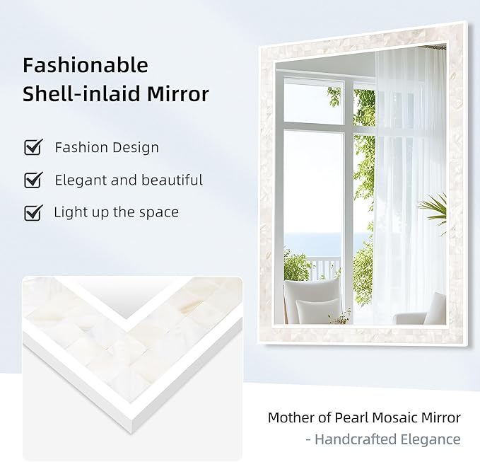 Tanmicoshomy White Shell Framed Rectangular Mirrors for Bathroom, 30x40 Inch Mirrors with Tempered Glass for Bedroom Living Room or Entryway, Wall Mounted Horizontal or Vertical Hanging