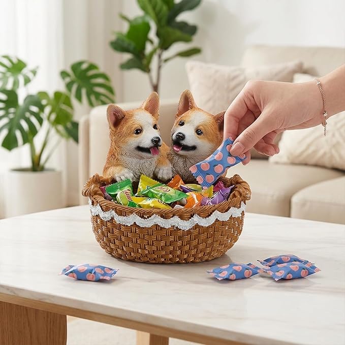 Dog Resin Storage Basket, Desktop Organizer for Remote & Keys, Cute Home Decor Tray, Ideal present for Pet Lovers.(Dual Corgi)