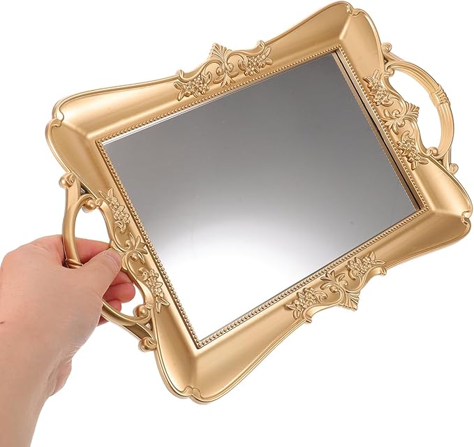 Rectangle Vintage Mirror Tray - Gold Embossed Flower Decorative Mirror Serving Tray for Vanity - Makeup and Jewelry Organizer for Dresser