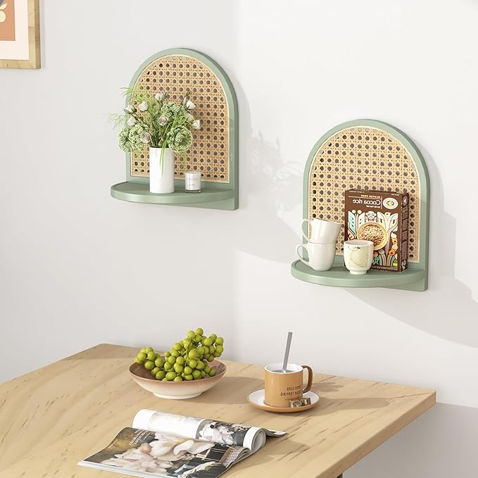 Arched Rattan Wall Shelf - Boho Rattan Floating Shelf with Grooved Edge, Unique Small Display Shelves, Natural Pine Wood Wall Decor for Bedroom, Living Room, Nursery Room, Set of 2, Green